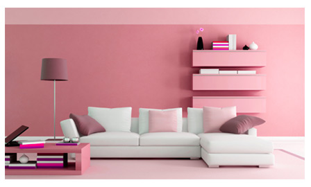 Pink color wall living room with courch, bookshelf, and couch tables.